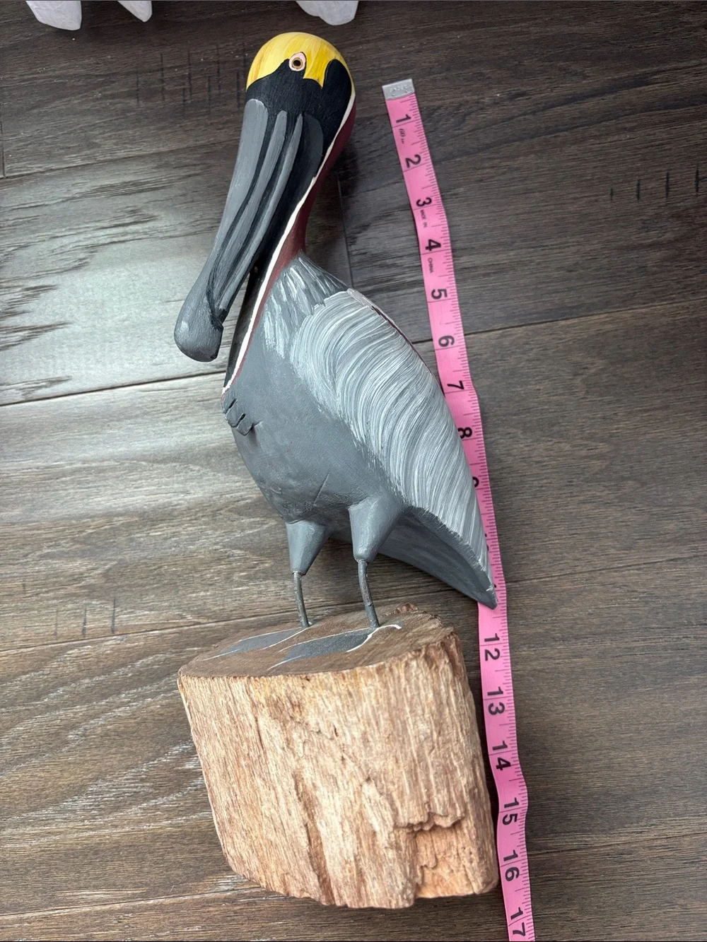 Casa Fernandez Vintage Hand Carved Hard Wood Painted perched Pelican,driftwood